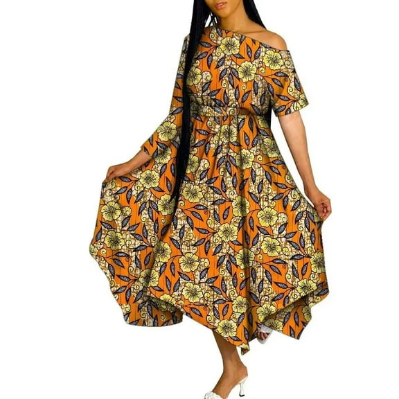 BintaRealWax African Dresses for Women Ankara Print Off Shoulder Lady Dresses Dashiki Party Clothes African Abayas for Women