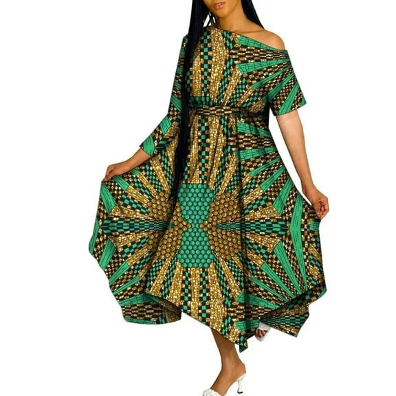 BintaRealWax African Dresses for Women Ankara Print Off Shoulder Lady Dresses Dashiki Party Clothes African Abayas for Women