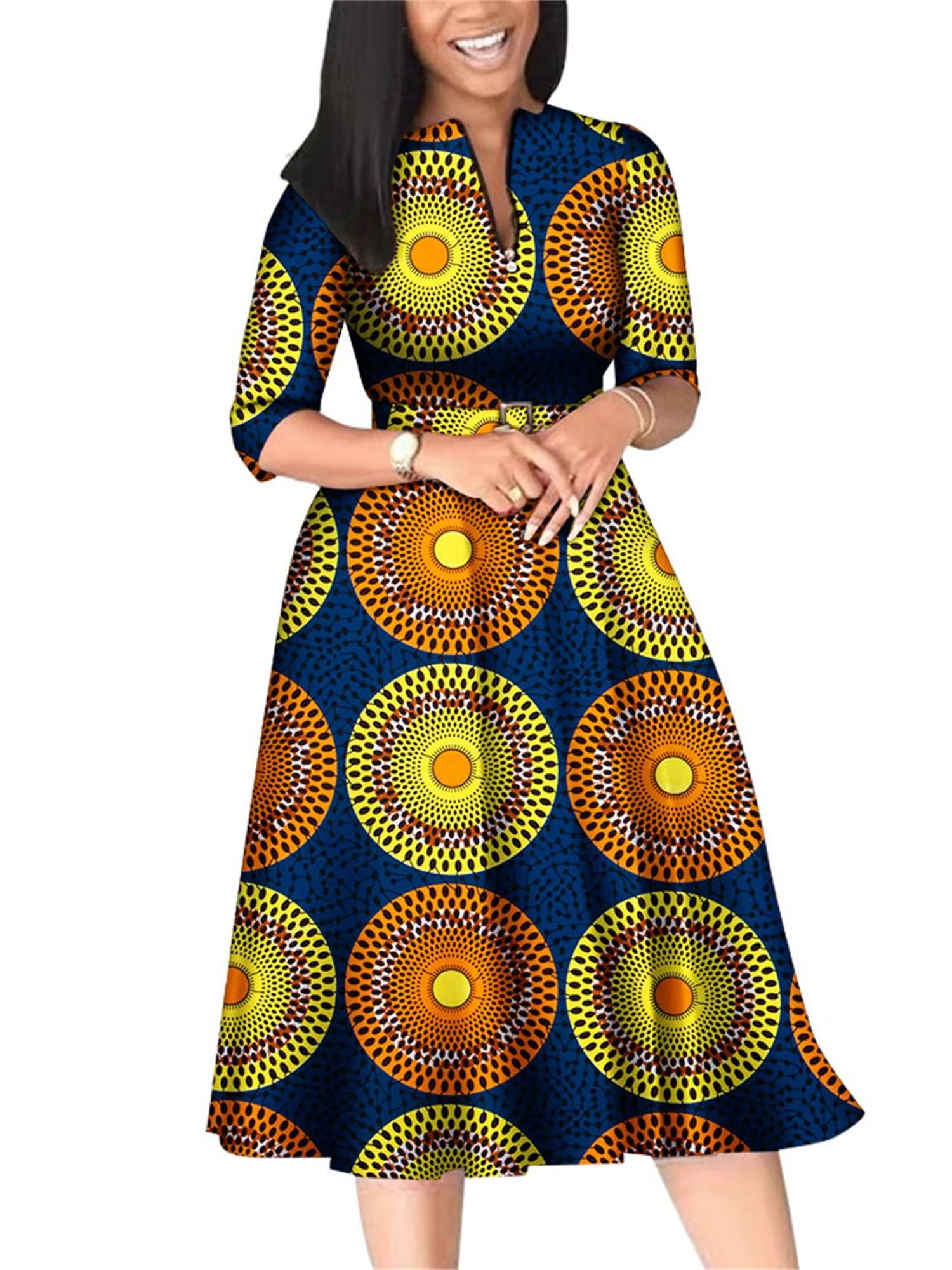 BintaRealWax African Dresses for Women Elegant V Neck Office Midi ...
