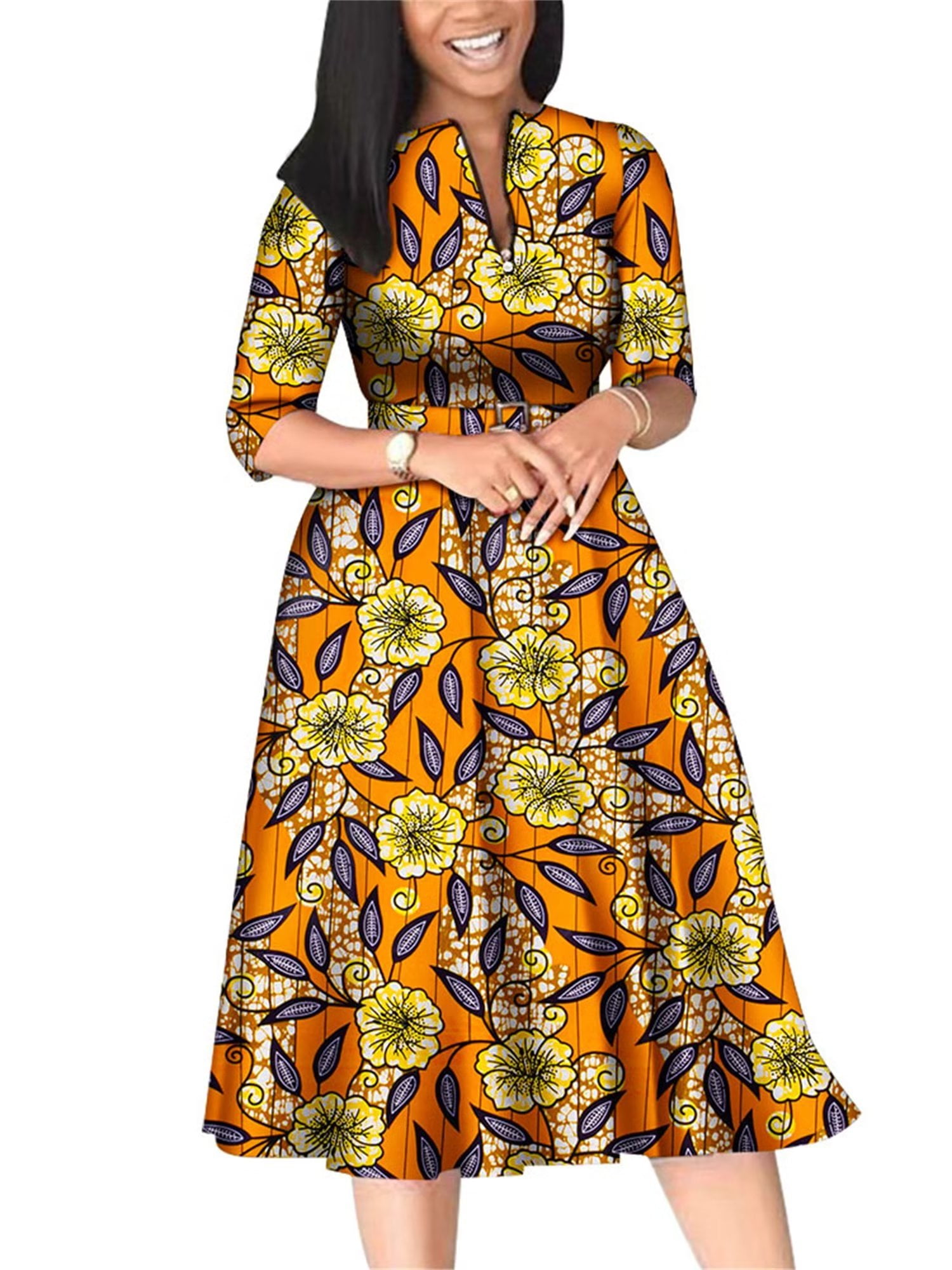 BintaRealWax African Dresses for Women Elegant V Neck Office Midi ...