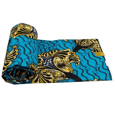BintaRealWax African Fabric Wax Polyester Ankara 6 Yards Blue Gold Flower Sewing Material Wedding DIY FP6502