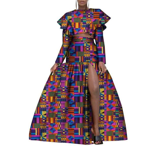 BintaRealWax African Fashion Women's Two Piece Suit Short Top Waistless Style Long Skirt Front Split African Waxed Printed Pure Cotton Party Dresses Evening Gowns