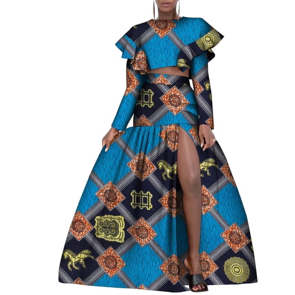 BintaRealWax African Fashion Women's Two Piece Suit Short Top Waistless Style Long Skirt Front Split African Waxed Printed Pure Cotton Party Dresses Evening Gowns