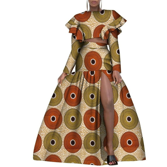 BintaRealWax African Fashion Women's Two Piece Suit Short Top Waistless Style Long Skirt Front Split African Waxed Printed Pure Cotton Party Dresses Evening Gowns