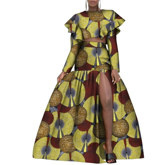BintaRealWax African Fashion Women's Two Piece Suit Short Top Waistless Style Long Skirt Front Split African Waxed Printed Pure Cotton Party Dresses Evening Gowns