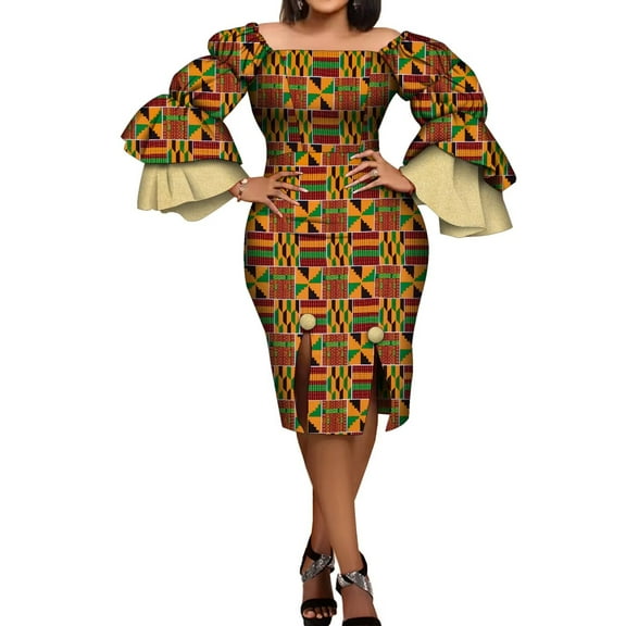 BintaRealWax African Fashion Women's Women's Dresses Party Dresses Strapless Front Split Bright Satin Loose Cuffs African Wax Printed Pure Cotton Fabric Fashion New