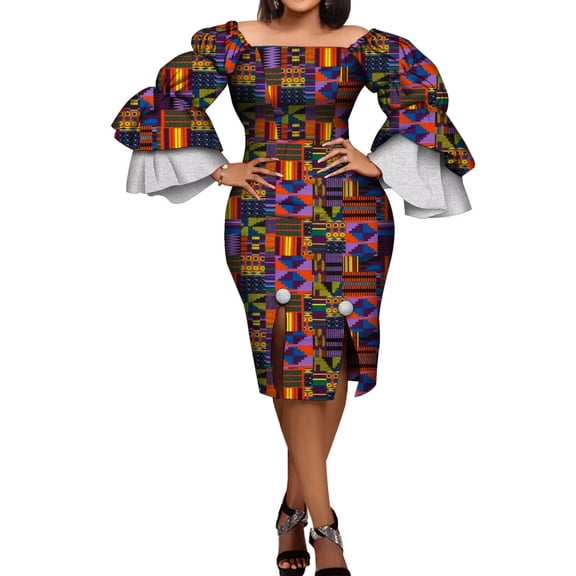BintaRealWax African Fashion Women's Women's Dresses Party Dresses Strapless Front Split Bright Satin Loose Cuffs African Wax Printed Pure Cotton Fabric Fashion New