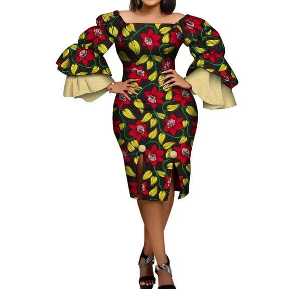 BintaRealWax African Fashion Women's Women's Dresses Party Dresses Strapless Front Split Bright Satin Loose Cuffs African Wax Printed Pure Cotton Fabric Fashion New