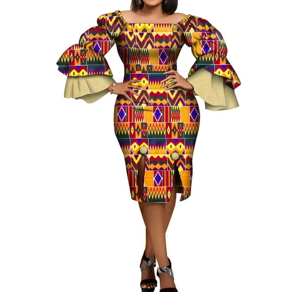 BintaRealWax African Fashion Women's Women's Dresses Party Dresses Strapless Front Split Bright Satin Loose Cuffs African Wax Printed Pure Cotton Fabric Fashion New