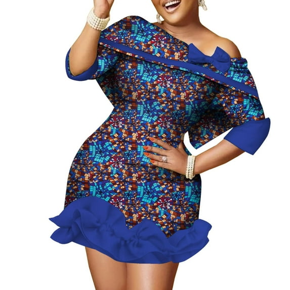 BintaRealWax African Fashion Women's Women's Dresses Short Party Dresses Bowknot NecklineAfrican Wax Printed Fabric Fashion New Ten styles and colors to choose from