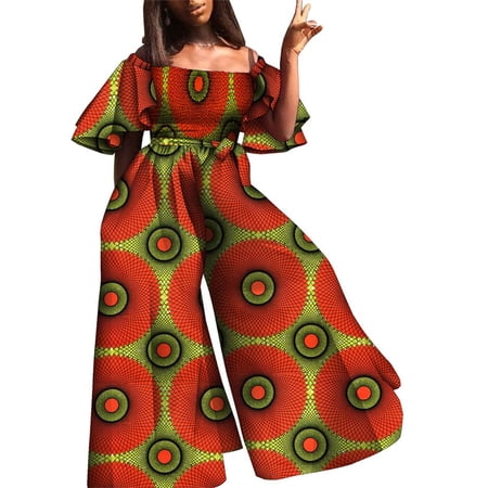 BintaRealWax African Jumpsuits for Women Ankara Kente Print Smocked Jumpsuits Wide Leg Outfit