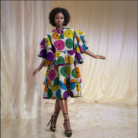 BintaRealWax African Multilayer Dresses for Women Knee Length V Neck Traditional Dashiki Print Clothing for Lady Party Causal Dress WY10907
