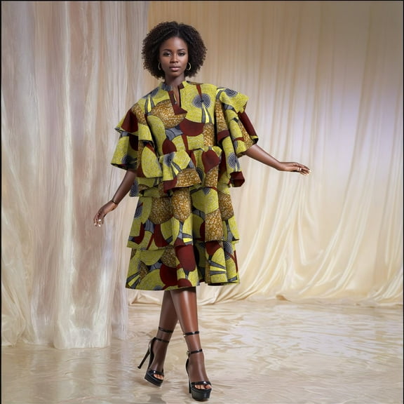 BintaRealWax African Multilayer Dresses for Women Knee Length V Neck Traditional Dashiki Print Clothing for Lady Party Causal Dress WY10907