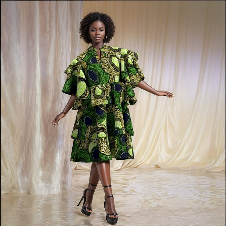 Bintarealwax African Multilayer Dresses for Women Knee Length V Neck Traditional Dashiki Print Clothing for Lady Party Causal Dress Wy10907