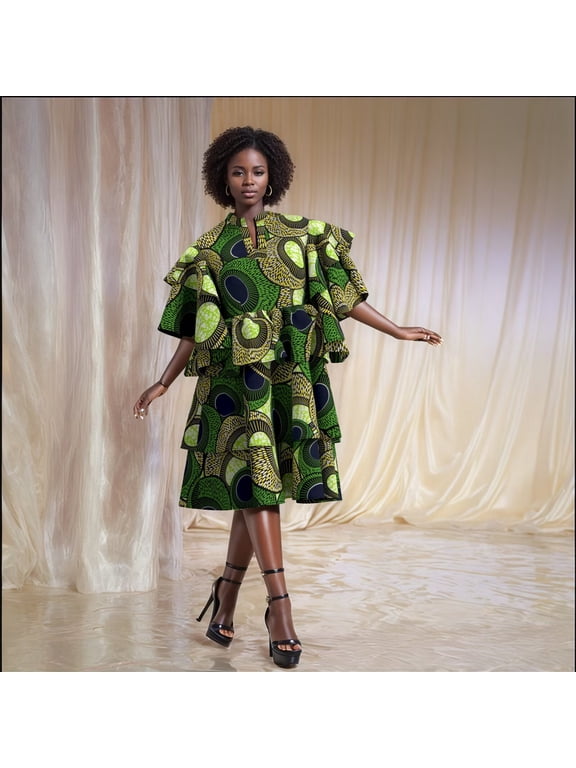 African Multilayer Dresses for Women Knee Length V Neck Traditional Dashiki Print Clothing for Lady Party Causal Dress WY10907