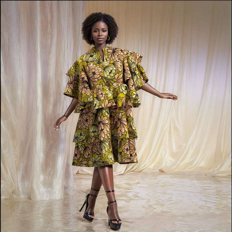 Bintarealwax African Multilayer Dresses for Women Knee Length V Neck Traditional Dashiki Print Clothing for Lady Party Causal Dress Wy10907