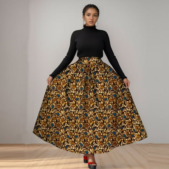 BintaRealWax African Women African Print Long Skirt Ankara Dashiki High Waist A Line Maxi Long Umbrella Skirt Ladies Clothing WY1744