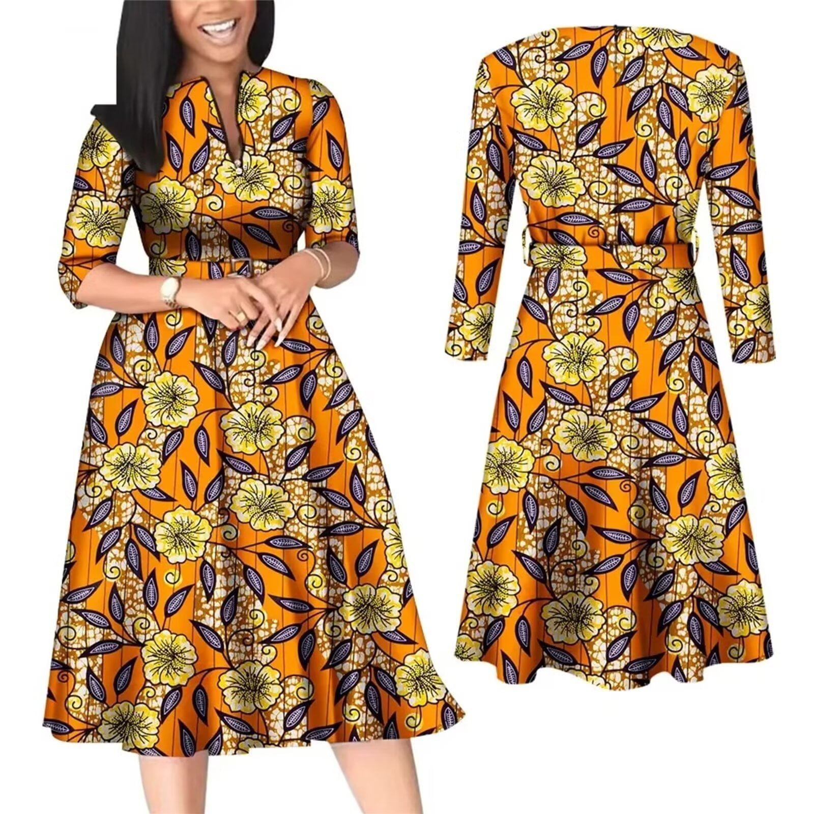 Women's Print Office Dress – V-Neck Short Sleeve Elegant Dress With Bow Tie & Split Hem For Work & Events