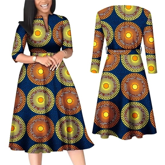 BintaRealWax African Women Dresses Elegant V Neck Office Midi Dresses with Belt Riche Cotton Big Hem Midi Dress Africa Print Clothing batik flower cloth WWY7886