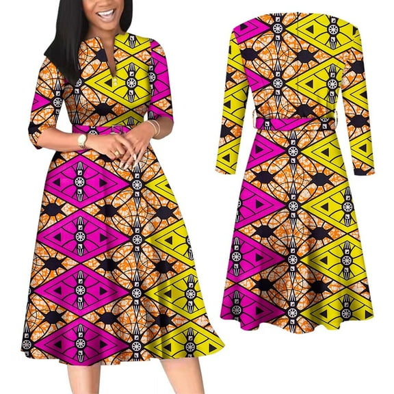 BintaRealWax African Women Dresses Elegant V Neck Office Midi Dresses with Belt Riche Cotton Big Hem Midi Dress Africa Print Clothing batik flower cloth WWY7886