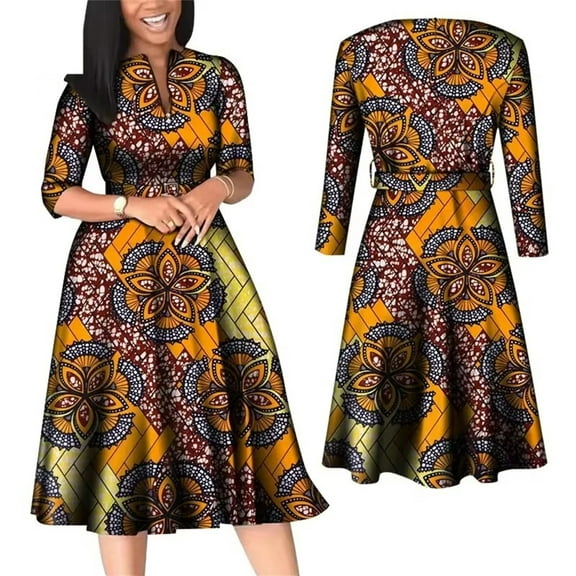BintaRealWax African Women Dresses Elegant V Neck Office Midi Dresses with Belt Riche Cotton Big Hem Midi Dress Africa Print Clothing batik flower cloth WWY7886