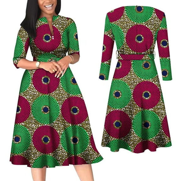BintaRealWax African Women Dresses Elegant V Neck Office Midi Dresses with Belt Riche Cotton Big Hem Midi Dress Africa Print Clothing batik flower cloth WWY7886
