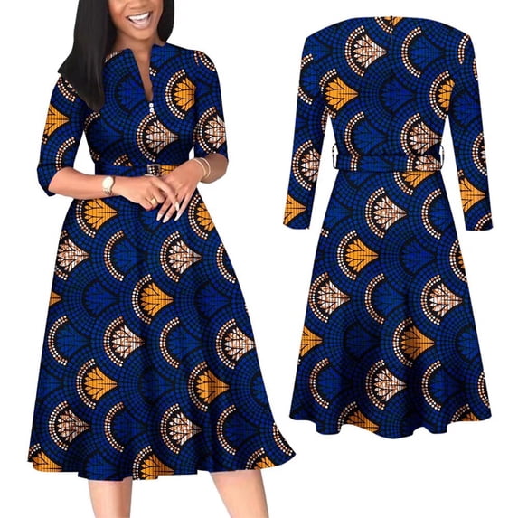 BintaRealWax African Women Dresses Elegant V Neck Office Midi Dresses with Belt Riche Cotton Big Hem Midi Dress Africa Print Clothing batik flower cloth WWY7886