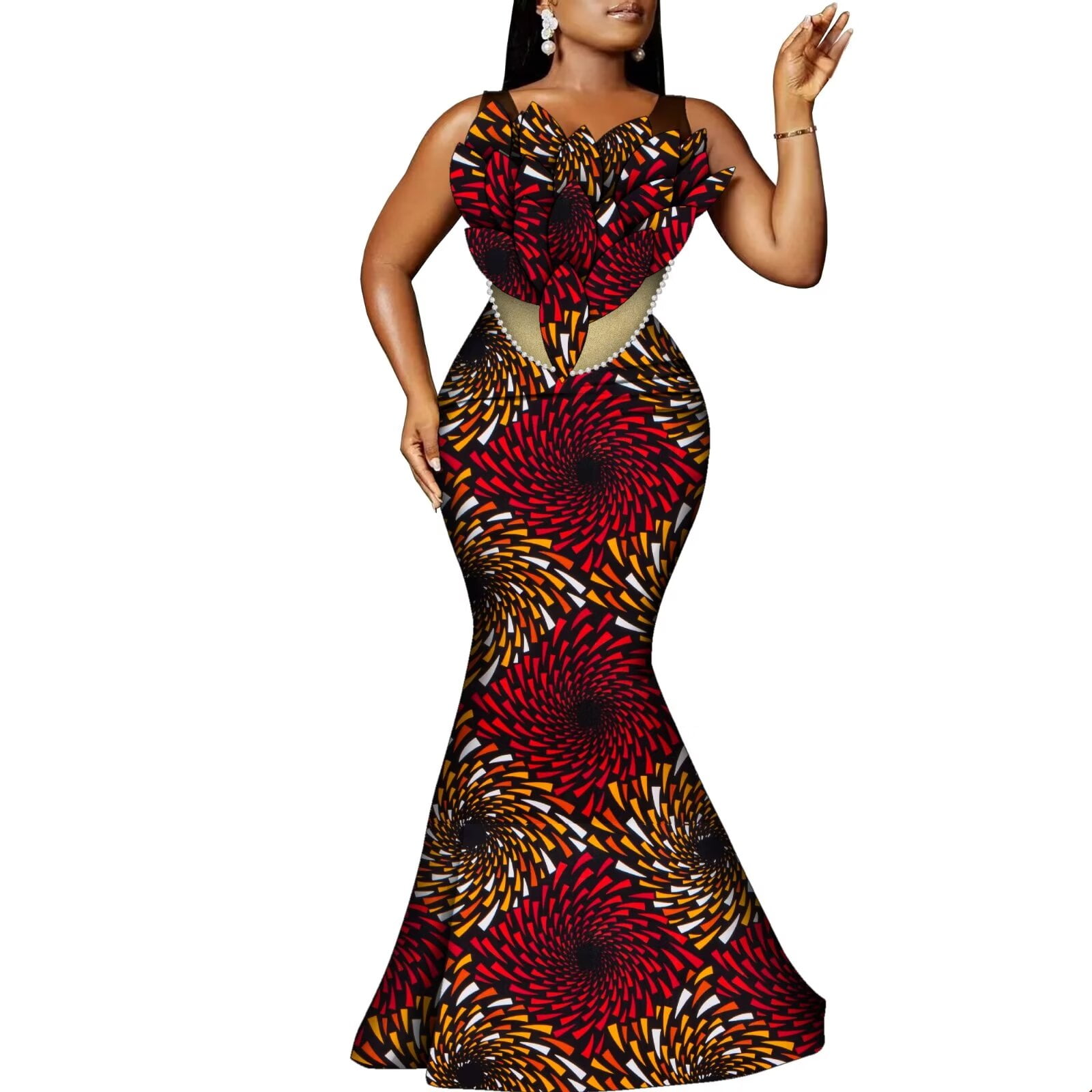 BintaRealWax African Women's Banquet Long Dress Floral and Pearl  Accessories Waxed Printed Cotton Fabrics Elegant Evening Long Dresses -  Walmart.com