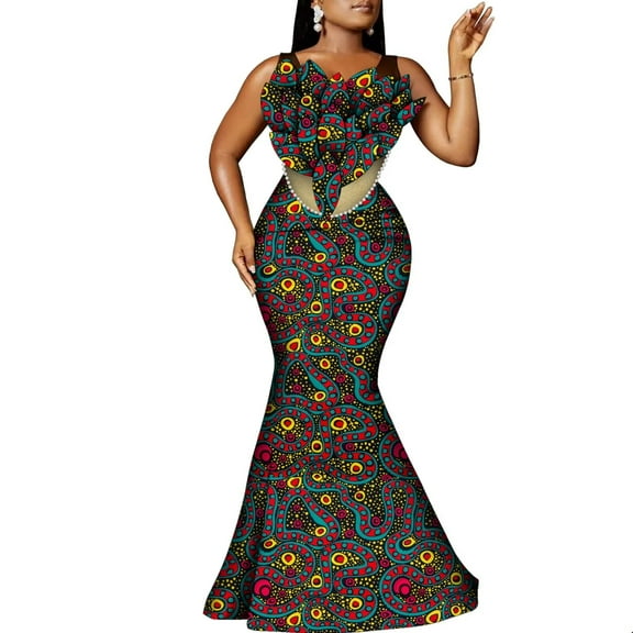 BintaRealWax African Women's Banquet Long Dress Floral and Pearl Accessories Waxed Printed Cotton Fabrics Elegant Evening Long Dresses