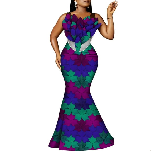 BintaRealWax African Women's Banquet Long Dress Floral and Pearl Accessories Waxed Printed Cotton Fabrics Elegant Evening Long Dresses