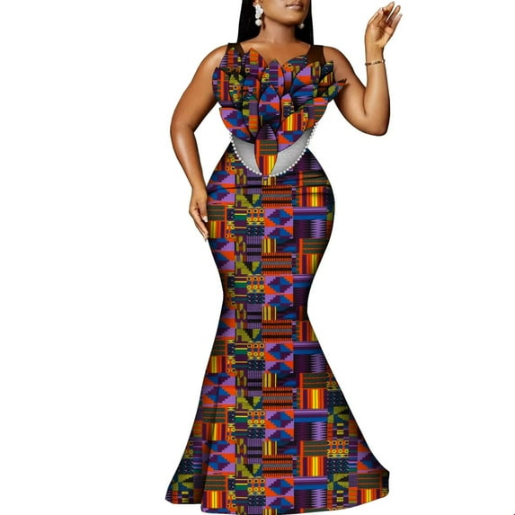 BintaRealWax African Women's Banquet Long Dress Floral and Pearl Accessories Waxed Printed Cotton Fabrics Elegant Evening Long Dresses