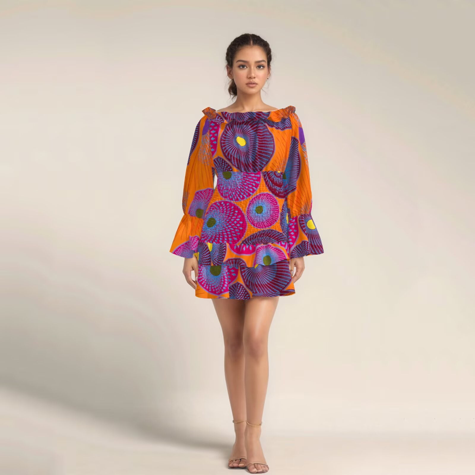 Reggae Stripes African Color Print Round Neck Bell Sleeve Bodycon Long Dress main image 0