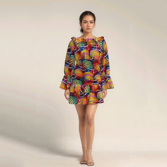 BintaRealWax African Women's Bodycon Dress Off Shoulder Ruffle Elasticated Ankara Dresses African Print Strentch Long Sleeve Party Dresses WY10863