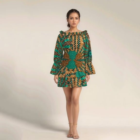 BintaRealWax African Women's Bodycon Dress Off Shoulder Ruffle Elasticated Ankara Dresses African Print Strentch Long Sleeve Party Dresses WY10863