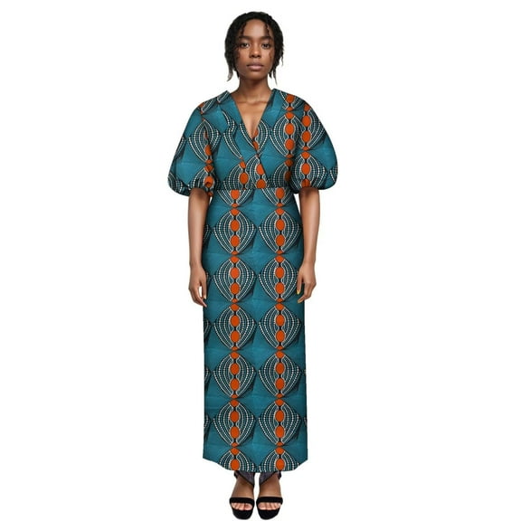 BintaRealWax African Women's Bodycon Dress Outfit Puff Hip-covering Long Ankara Dresses Dashiki Wax Print Clothing for Lady WY10374