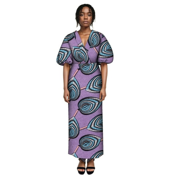 BintaRealWax African Women's Bodycon Dress Outfit Puff Hip-covering Long Ankara Dresses Dashiki Wax Print Clothing for Lady WY10374