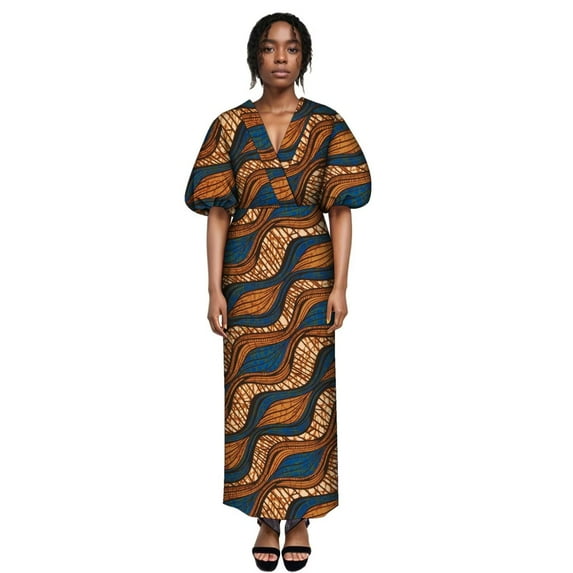 BintaRealWax African Women's Bodycon Dress Outfit Puff Hip-covering Long Ankara Dresses Dashiki Wax Print Clothing for Lady WY10374