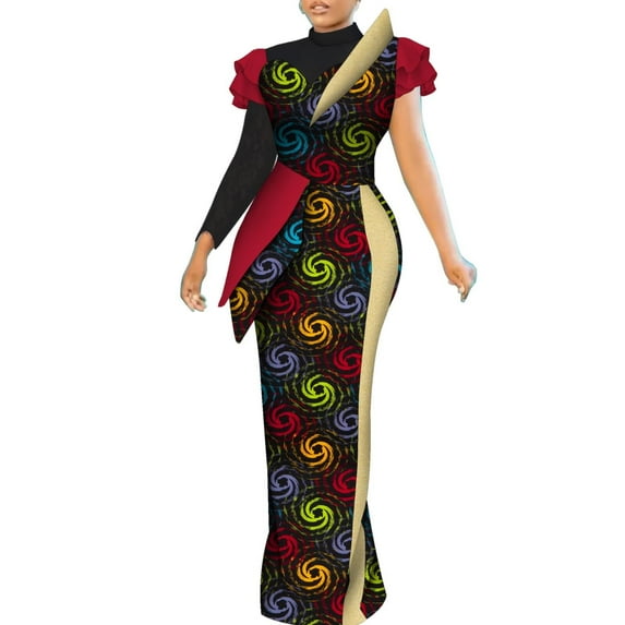 BintaRealWax African Women's Long Dress Black Veil Neckline and Long Sleeves Elegant Banquet Dresses Wax Printed Pure Cotton Fabric