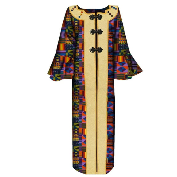 BintaRealWax African Women's Long Shirt Bowknot Button Traditional African Wax Printed Cotton Fabric New Printed Pattern Women's Robe