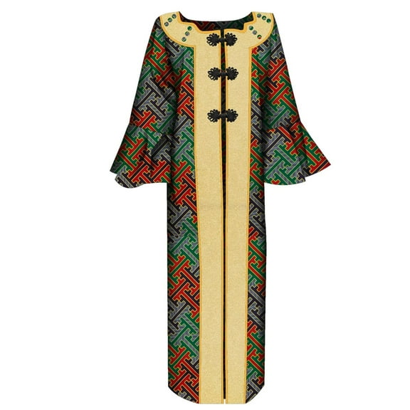 BintaRealWax African Women's Long Shirt Bowknot Button Traditional African Wax Printed Cotton Fabric New Printed Pattern Women's Robe