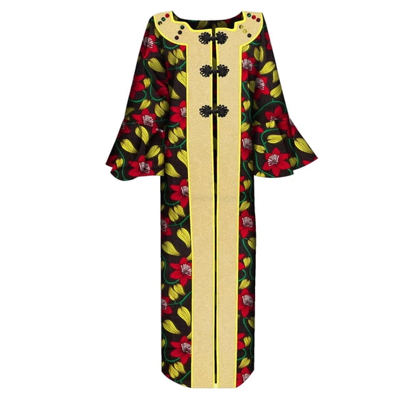 BintaRealWax African Women's Long Shirt Bowknot Button Traditional African Wax Printed Cotton Fabric New Printed Pattern Women's Robe