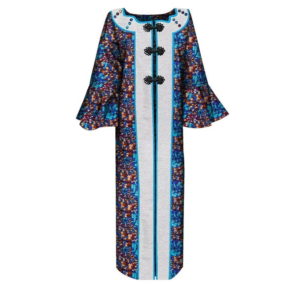 BintaRealWax African Women's Long Shirt Bowknot Button Traditional African Wax Printed Cotton Fabric New Printed Pattern Women's Robe