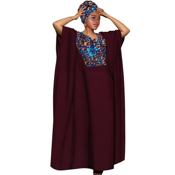 BintaRealWax African Women's Loose Dress Hat Two Piece Chest Decoration Wax Printed Pure Cotton Fabric Plus Size Banquet Robe