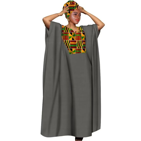 BintaRealWax African Women's Loose Dress Hat Two Piece Chest Decoration Wax Printed Pure Cotton Fabric Plus Size Banquet Robe
