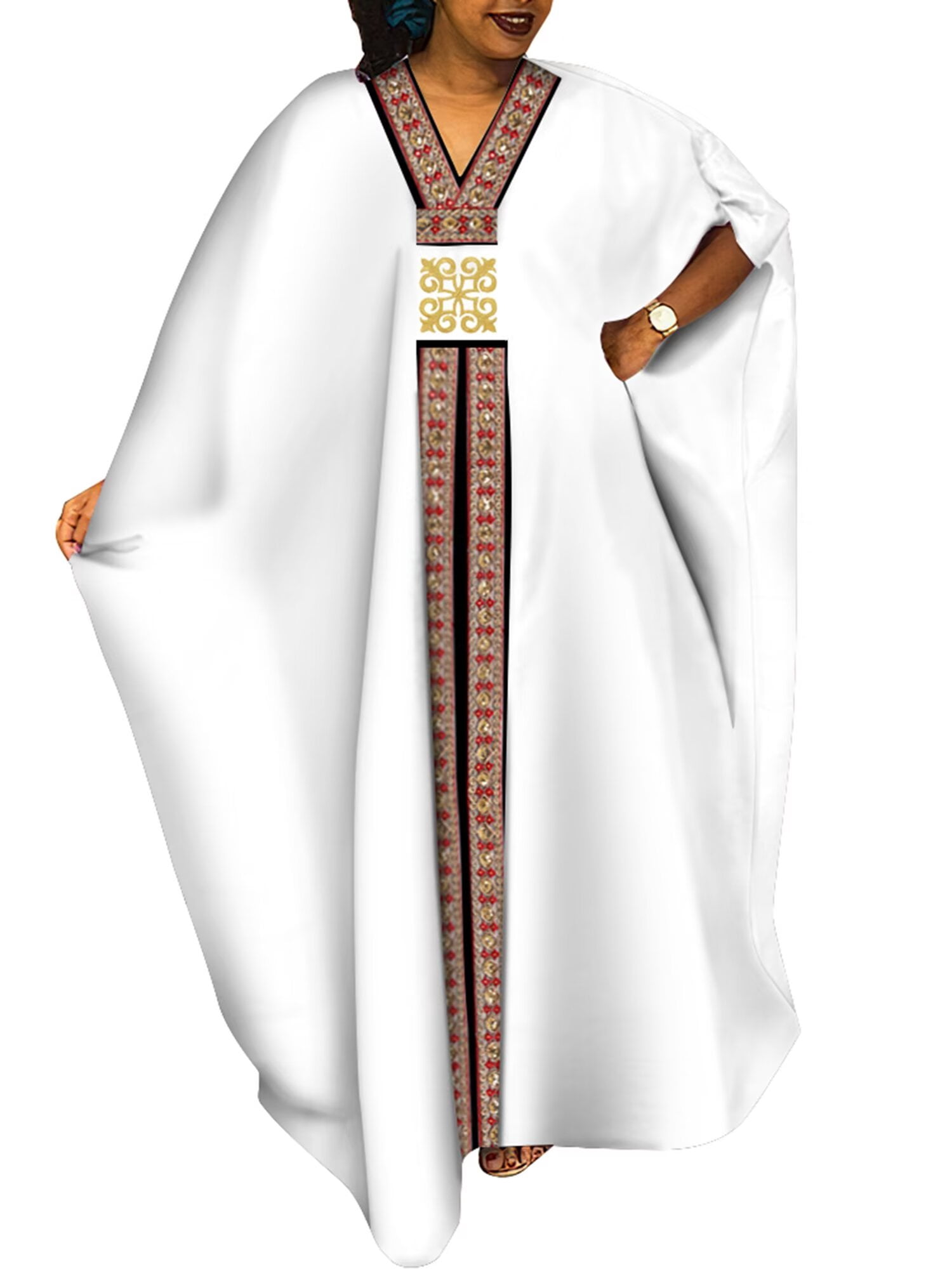Bintarealwax African Women's Loose Dress Traditional Fine Embroidery Plus Size Banquet Dresses African Solid Fabrics