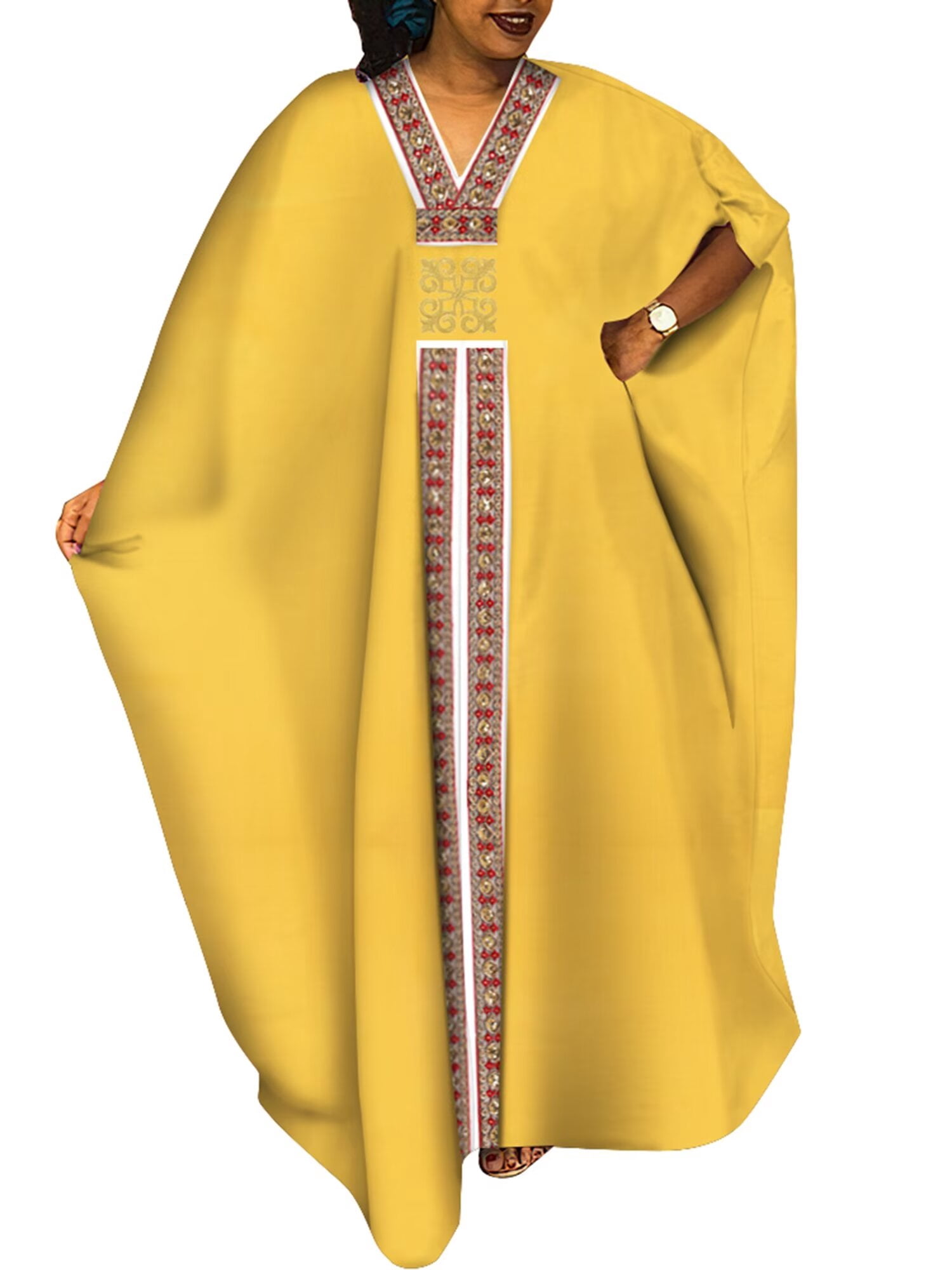 Bintarealwax African Women's Loose Dress Traditional Fine Embroidery Plus Size Banquet Dresses African Solid Fabrics, Size: XL