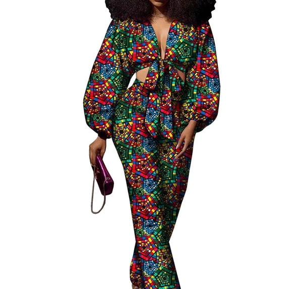 BintaRealWax African Women's Two Piece Cardigan Top with Bow Flutter Belt Waistless Style Waist length pants Cotton fabric