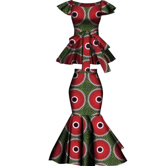BintaRealWax African Women's Two Piece Set Batik Pure Cotton Fabric Elegant Banquet Set Skirt