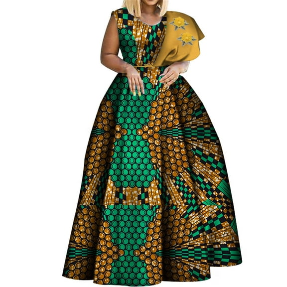 BintaRealWax Dashiki African Print Dresses Plus Size Sleeveless High Waisted Big Hem Party Dresses Batik Cotton Fabric