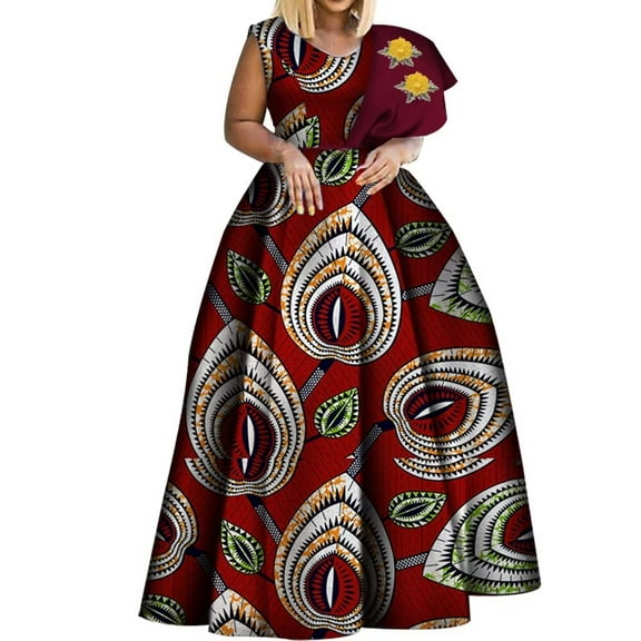 BintaRealWax Dashiki African Print Dresses Plus Size Sleeveless High Waisted Big Hem Party Dresses Batik Cotton Fabric